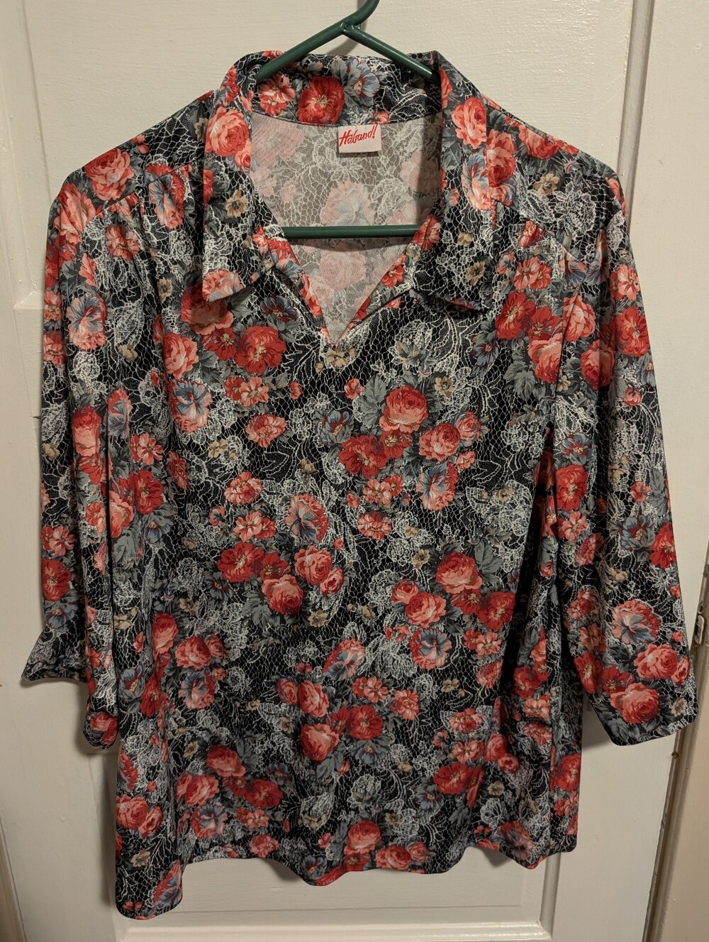 70s Vintage Floral Lace Illusion Top 3/4 Sleeve Red Pink Blue & Black Haband!